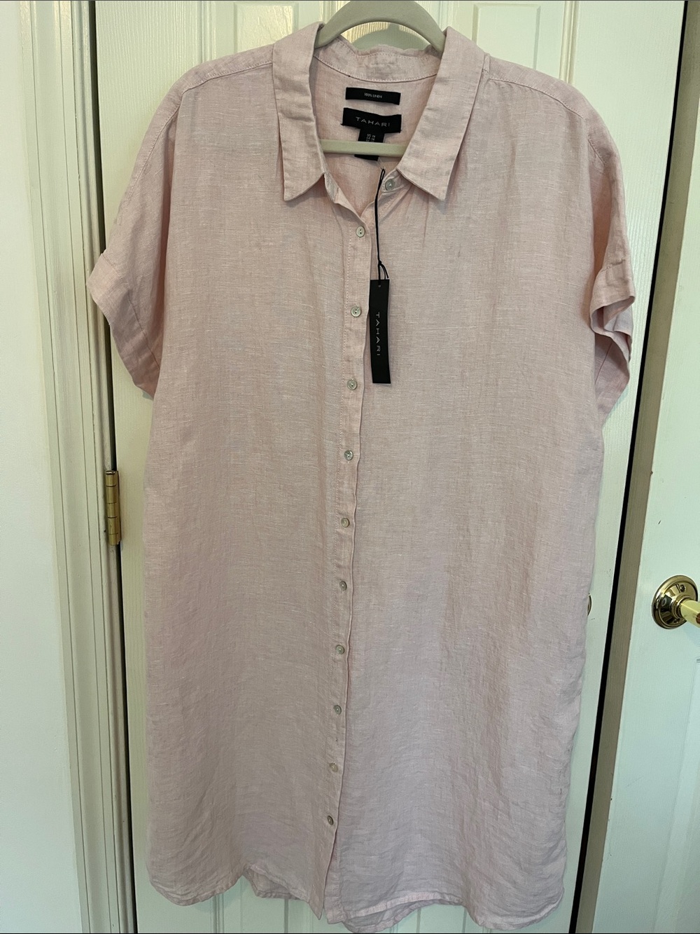 Tahari Light Pink Short Sleeve Linen Button-Front Shirt Dress
